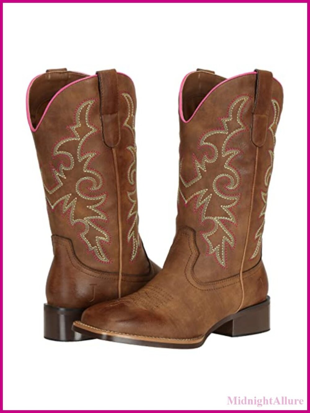 Wide Calf Cowboy Boots Women Square Toe Embroidered Mid-Calf Western Boots